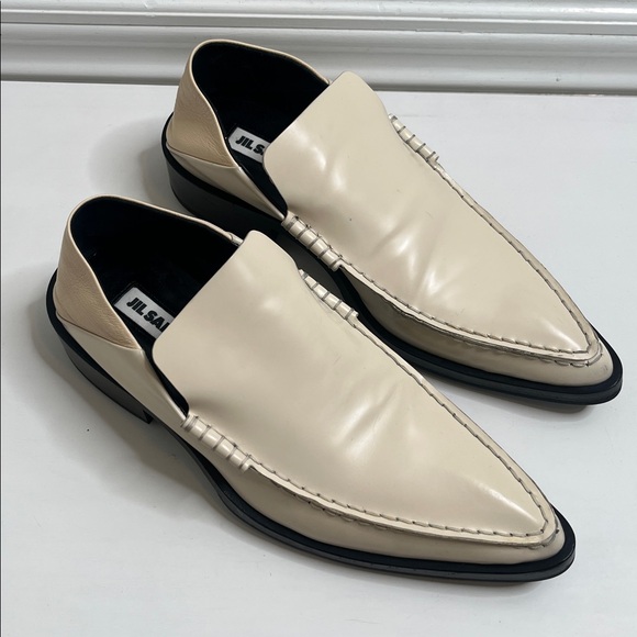 JIL SANDER Glossed Leather Cream Collapsible Heel Point Toe Loafers Sz 37 - Picture 8 of 14